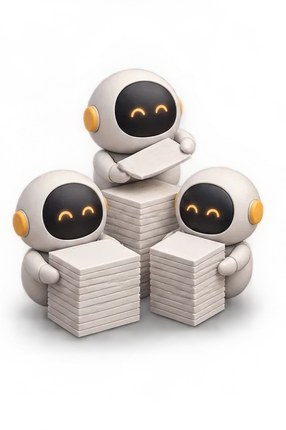Small friendly AI agent orbs sorting documents