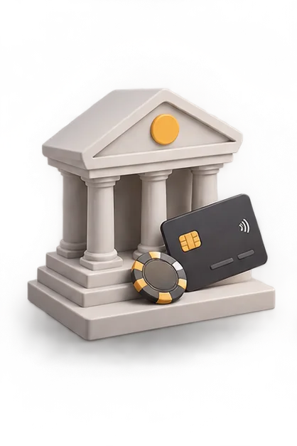 A bank card and a classic bank building