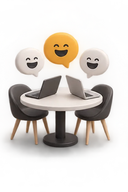 A meeting table with laughing speech bubbles