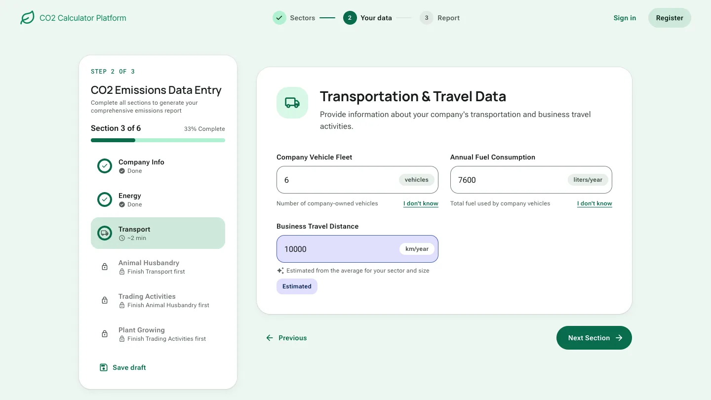 Data entry: section 3 of 6 Transport, 33 percent complete, with one estimated value