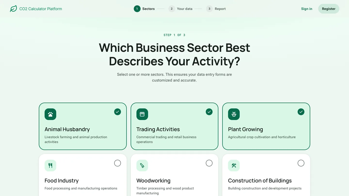 Sector selection with three business sectors chosen as cards