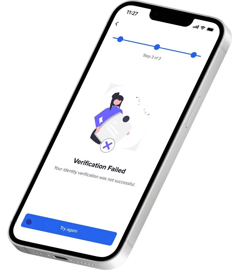 Verification failed screen with the step tracker still visible and a Try again button