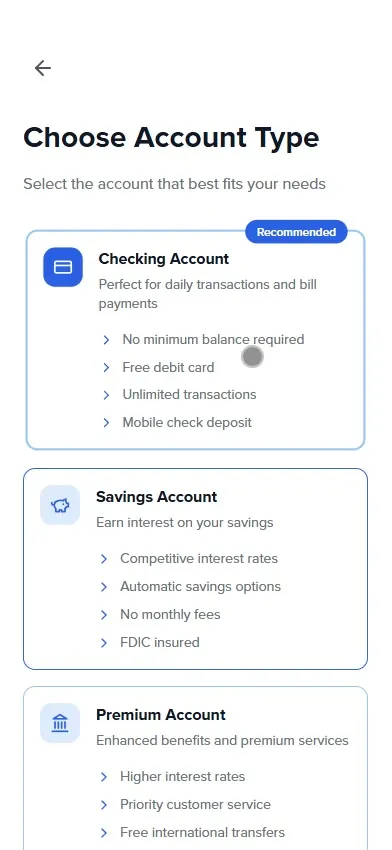Choose Account Type: checking, savings and premium accounts with their benefits
