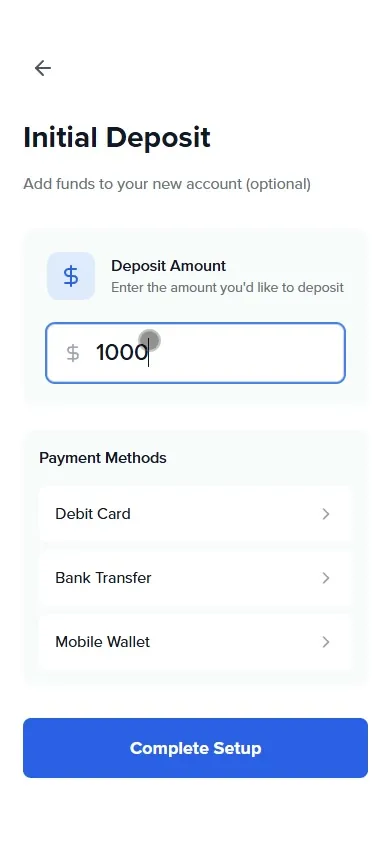 Initial Deposit: amount field and payment methods, optional