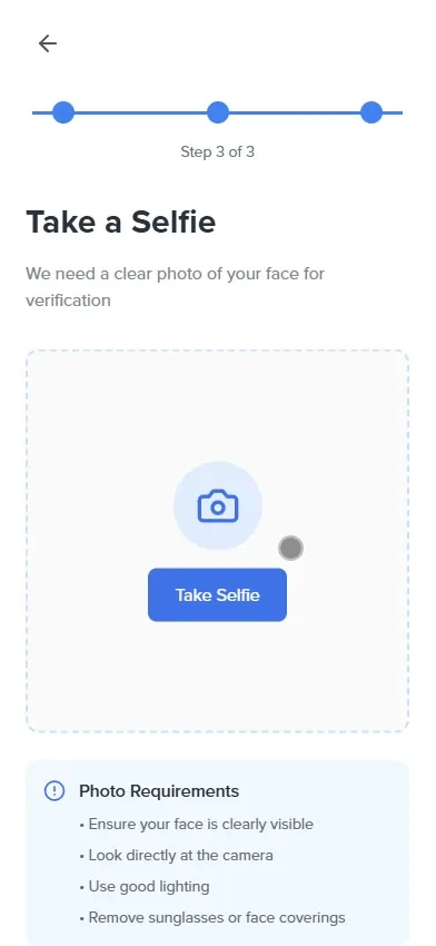 Take a Selfie step with photo requirements