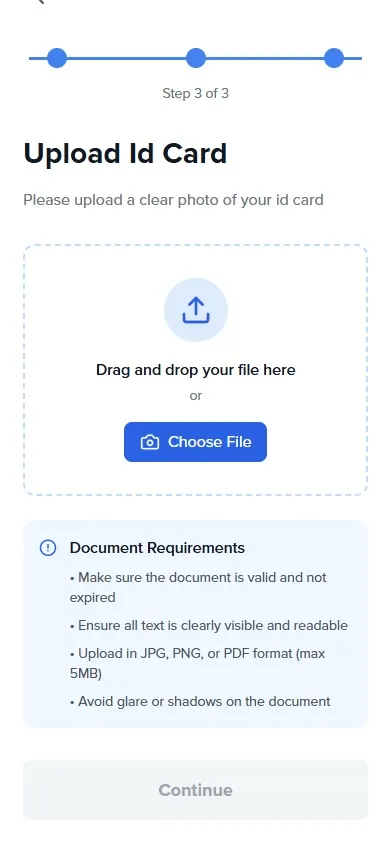 Upload ID Card step with a three step tracker and document requirements