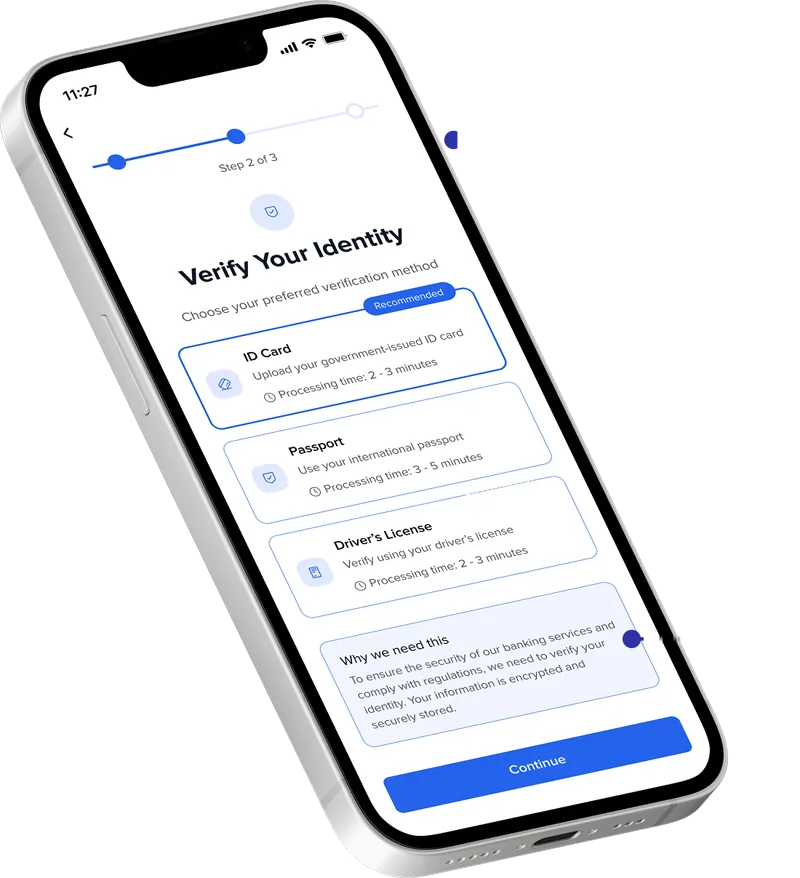 Verify your identity screen: a three step tracker, three verification methods with processing times, and a Why we need this note