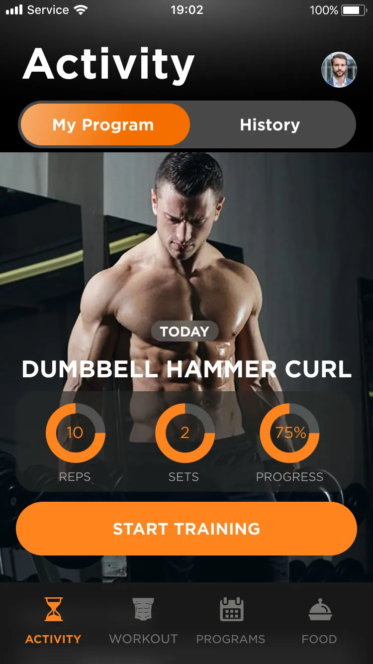 Final Activity screen with today's workout, reps, sets and progress