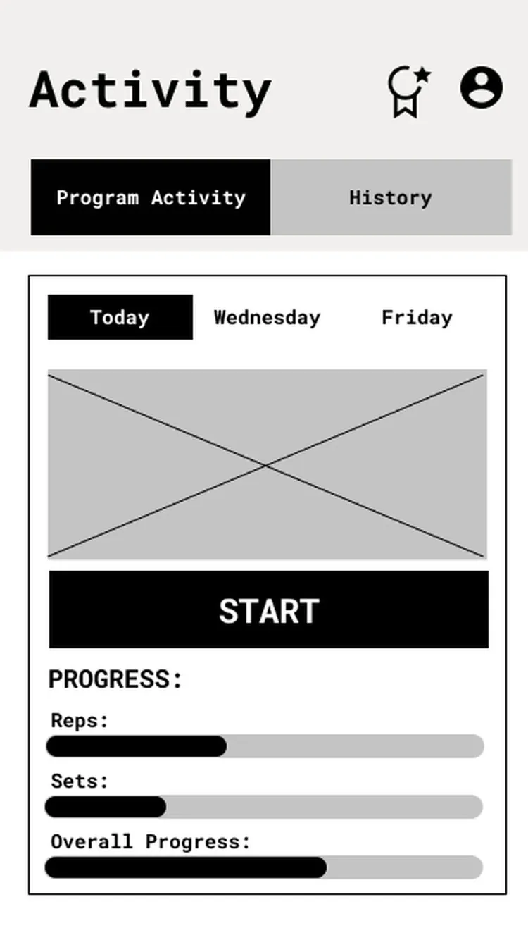 Low fidelity wireframe of the Activity screen